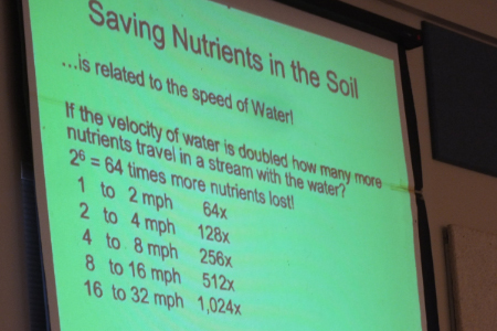 2012 Mitchell, SD slide showing how doubling the speed of water results in increased water and nutrient runoff slide